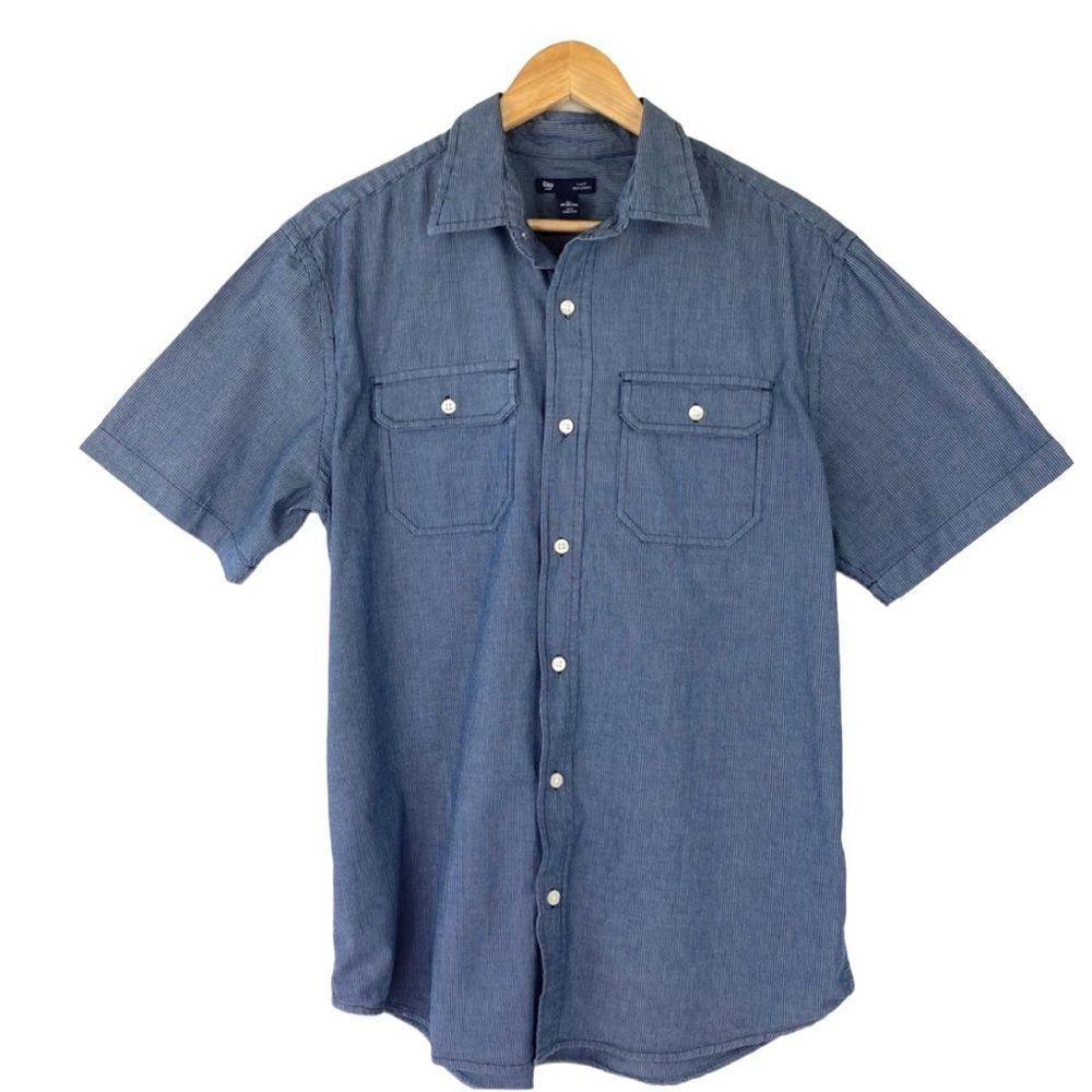 Gap blue white slim striped short sleeve shirt L